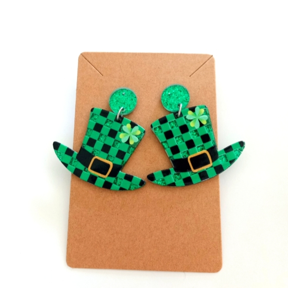 Green Checkered Hat Earrings